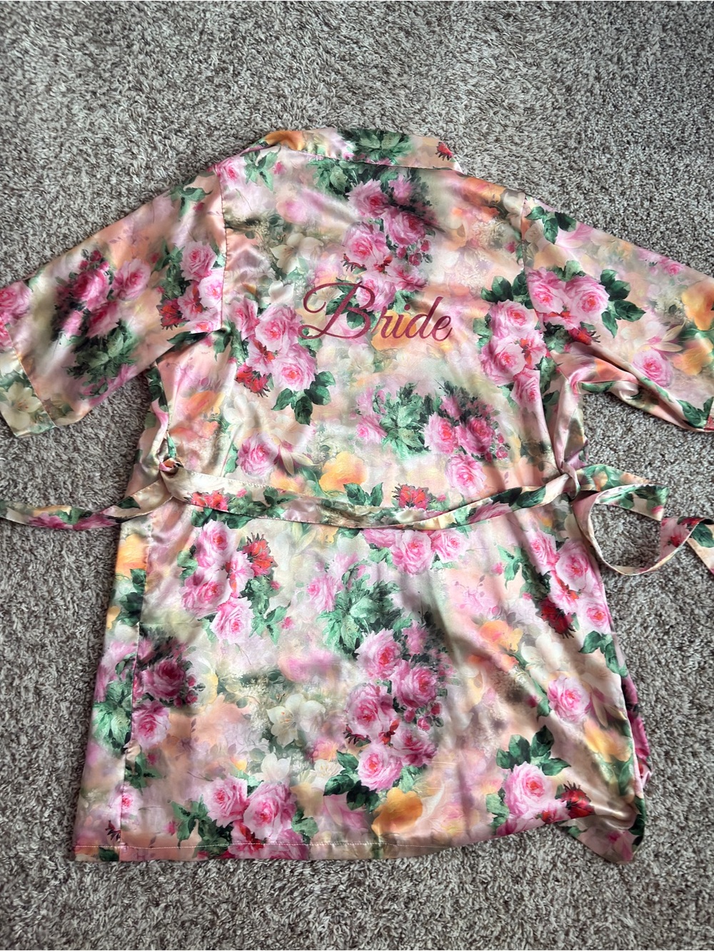 David's Bridal Satin Floral 'Bride' Robe in Pink and Green
